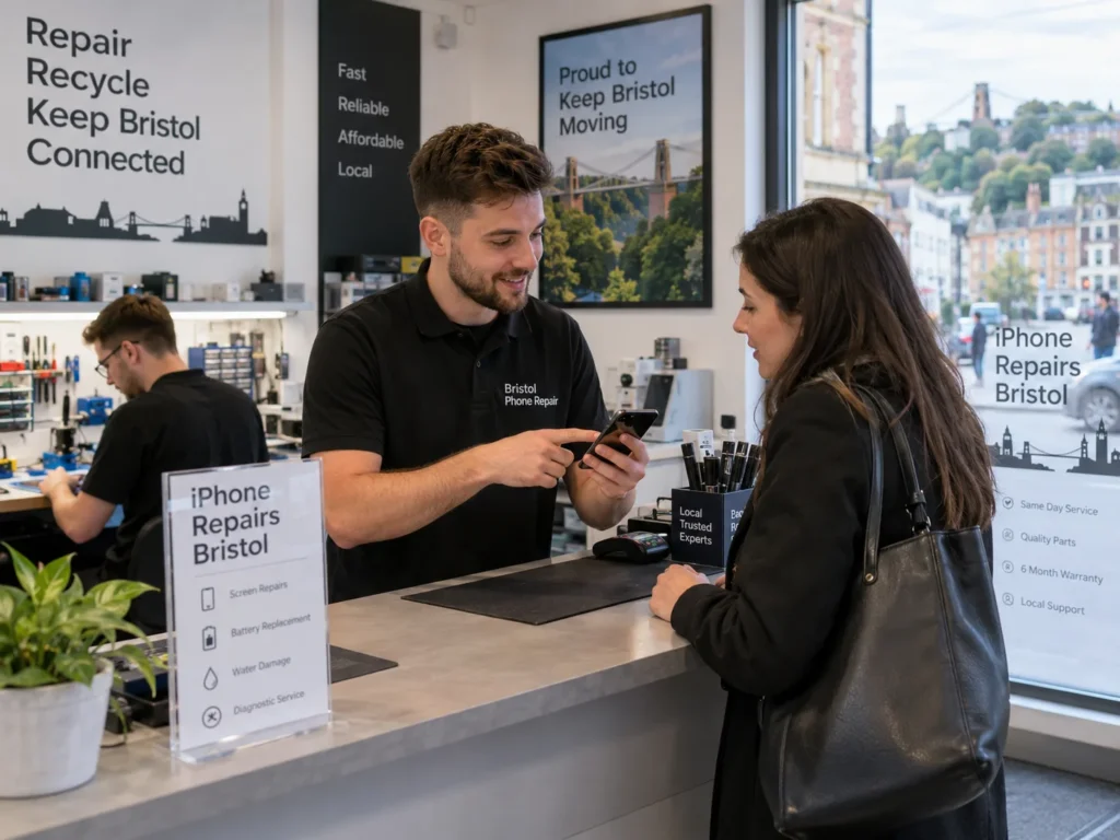Bristol phone repair technician helping a customer at a repair counter