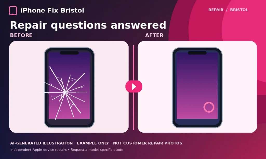 Illustrated cracked and working iPhone visual accompanying frequent Bristol repair questions