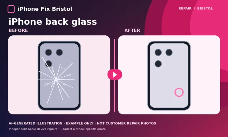 AI illustration of damaged iPhone back glass next to intact rear glass for Bristol repair information