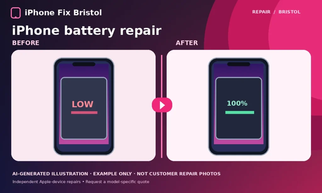 AI illustration comparing worn iPhone battery condition with a replacement battery concept
