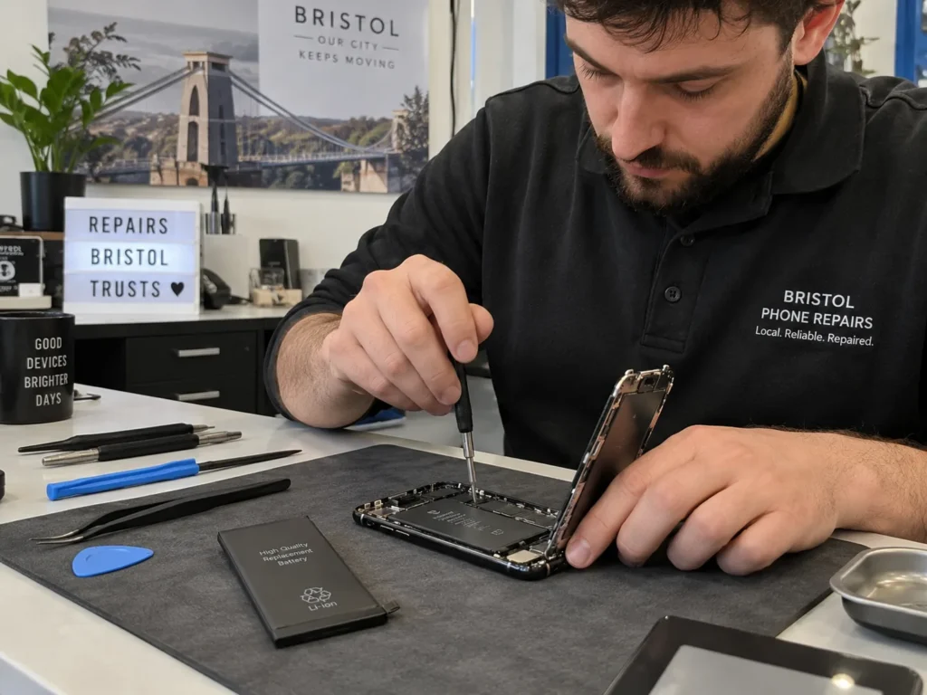 Technician replacing an iPhone battery on a repair bench in Bristol