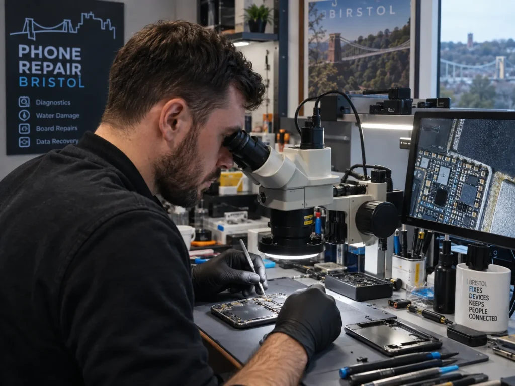 Technician using a microscope for iPhone board-level repair in Bristol