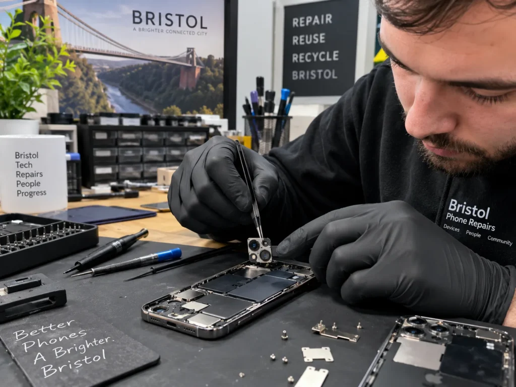 Technician working on an iPhone camera repair in Bristol