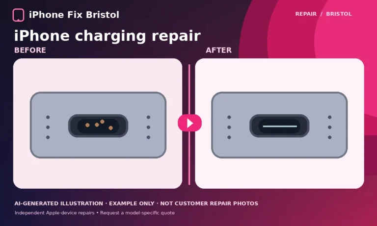 AI-generated comparison of an iPhone charging socket with debris and a cleaned charging port