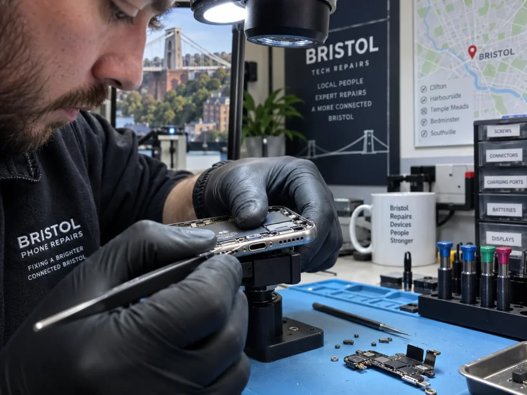 Technician inspecting an iPhone charging port and internal connector in Bristol