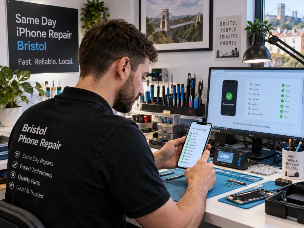 Technician testing an iPhone after repair with a diagnostics checklist in Bristol