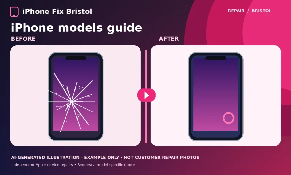 Illustrated before-and-after iPhone screen examples for the Bristol iPhone model repair guide