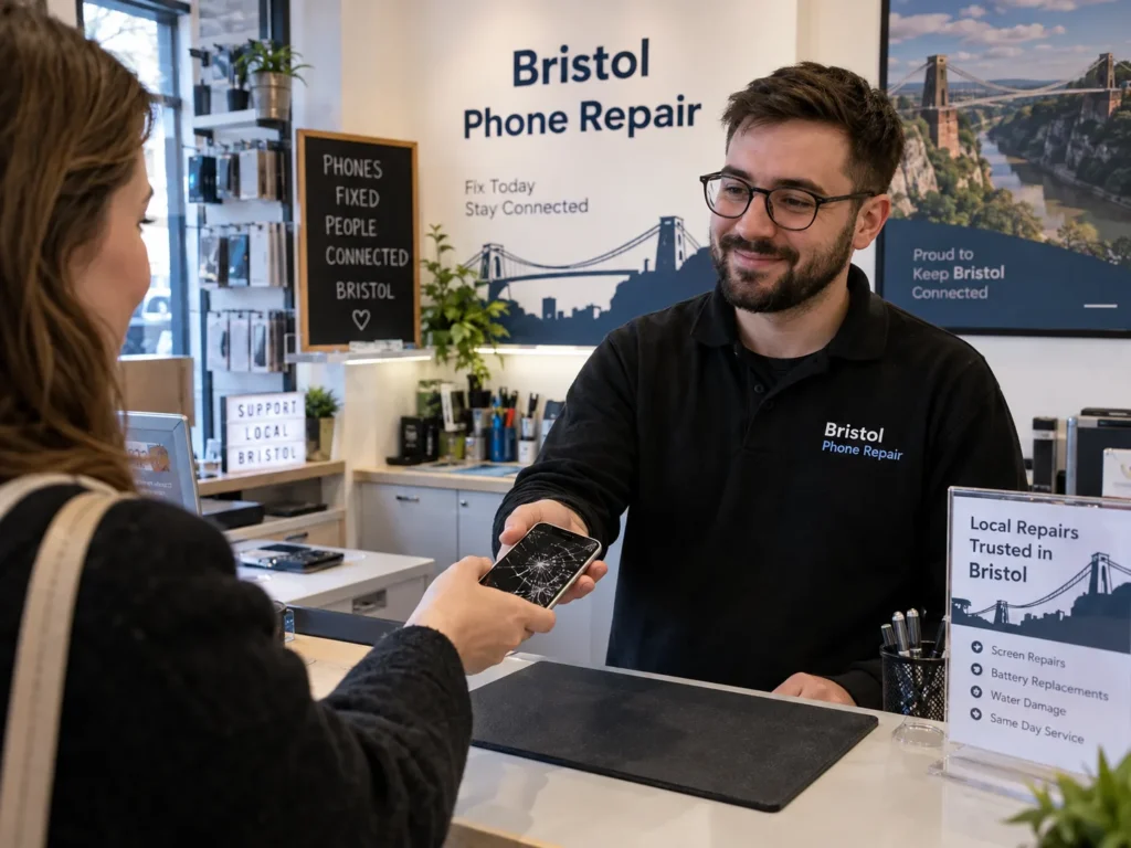 Customer discussing a cracked iPhone with a Bristol phone repair technician