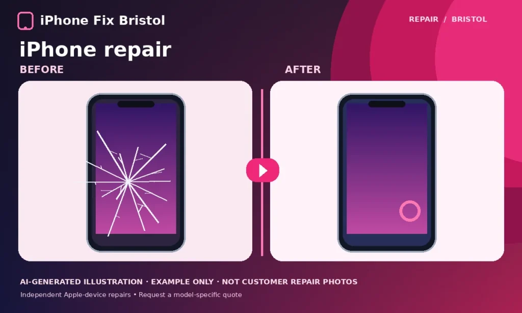 AI-generated illustration of damaged and restored iPhone screens for independent Bristol repair services
