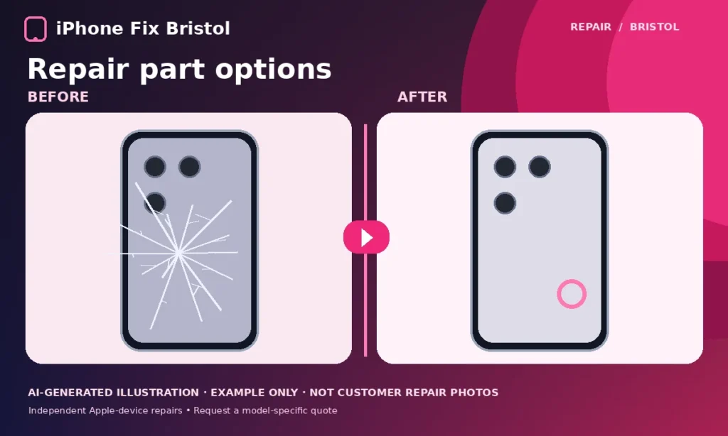 Illustrative iPhone back glass and repair part options, not an actual customer device