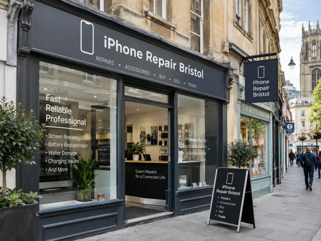Illustrative iPhone repair shop frontage in Bristol