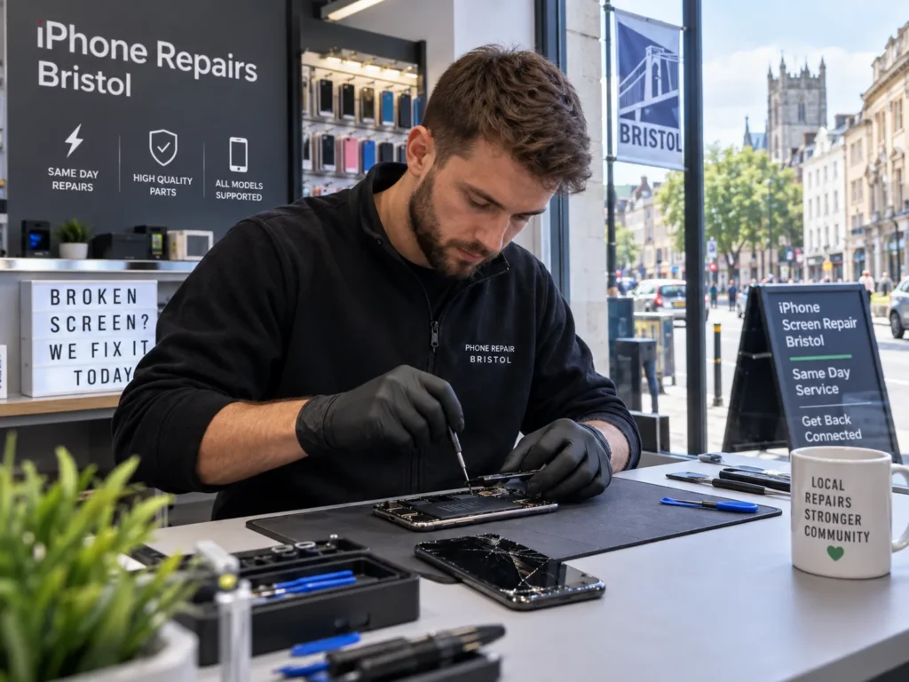 Technician carrying out an iPhone screen repair in a Bristol phone repair setting