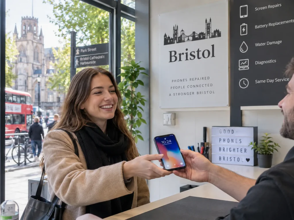 Customer receiving an iPhone after a repair in a Bristol phone repair setting