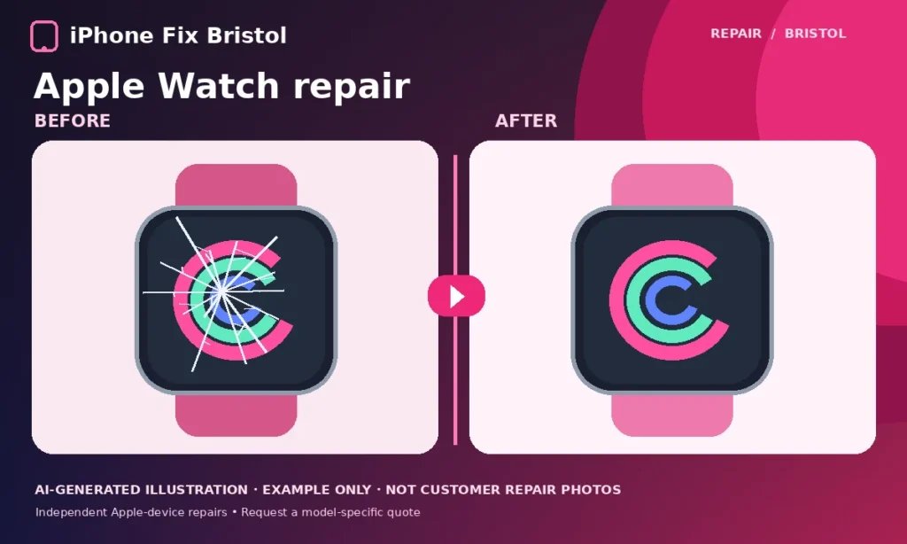 Illustrative before-and-after Apple Watch screen appearance, not photographs of an actual customer repair