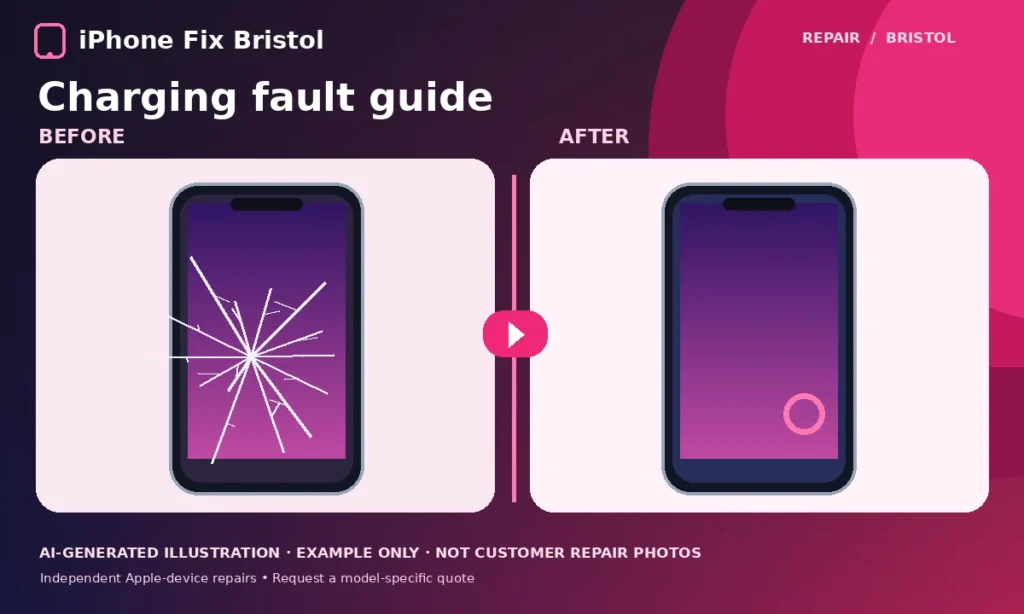Illustration of damaged and working iPhone devices accompanying advice for an iPhone that will not charge