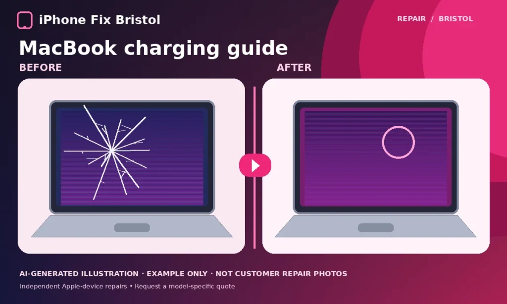 Illustration of a damaged and working MacBook used with charging and power troubleshooting guidance