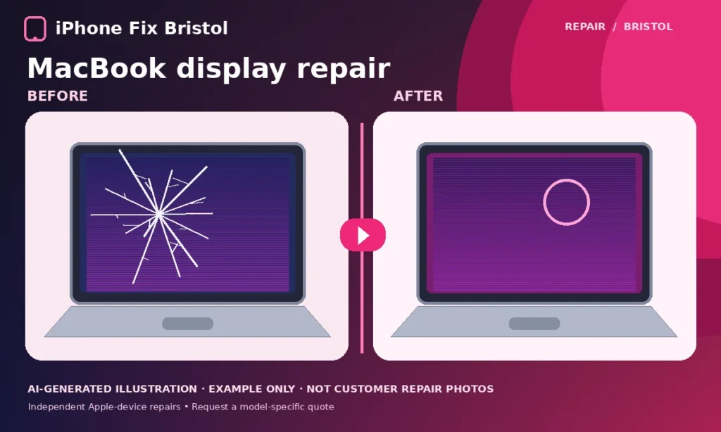 AI illustration showing a cracked MacBook display and a working MacBook display as a repair example