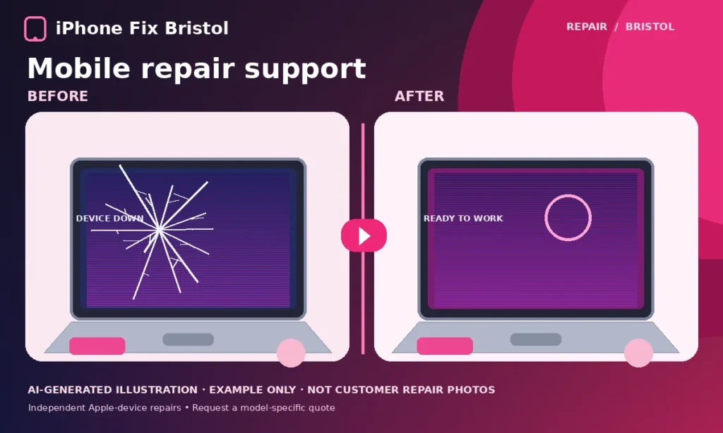 Illustration showing damaged and working laptop devices for Bristol mobile and collection repair enquiries